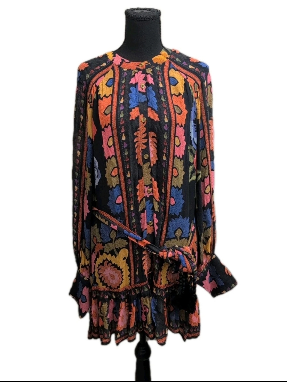 Farm Rio Black Floral Shirt Dress Ruffle Tassel Belt Tropical Vacation Large